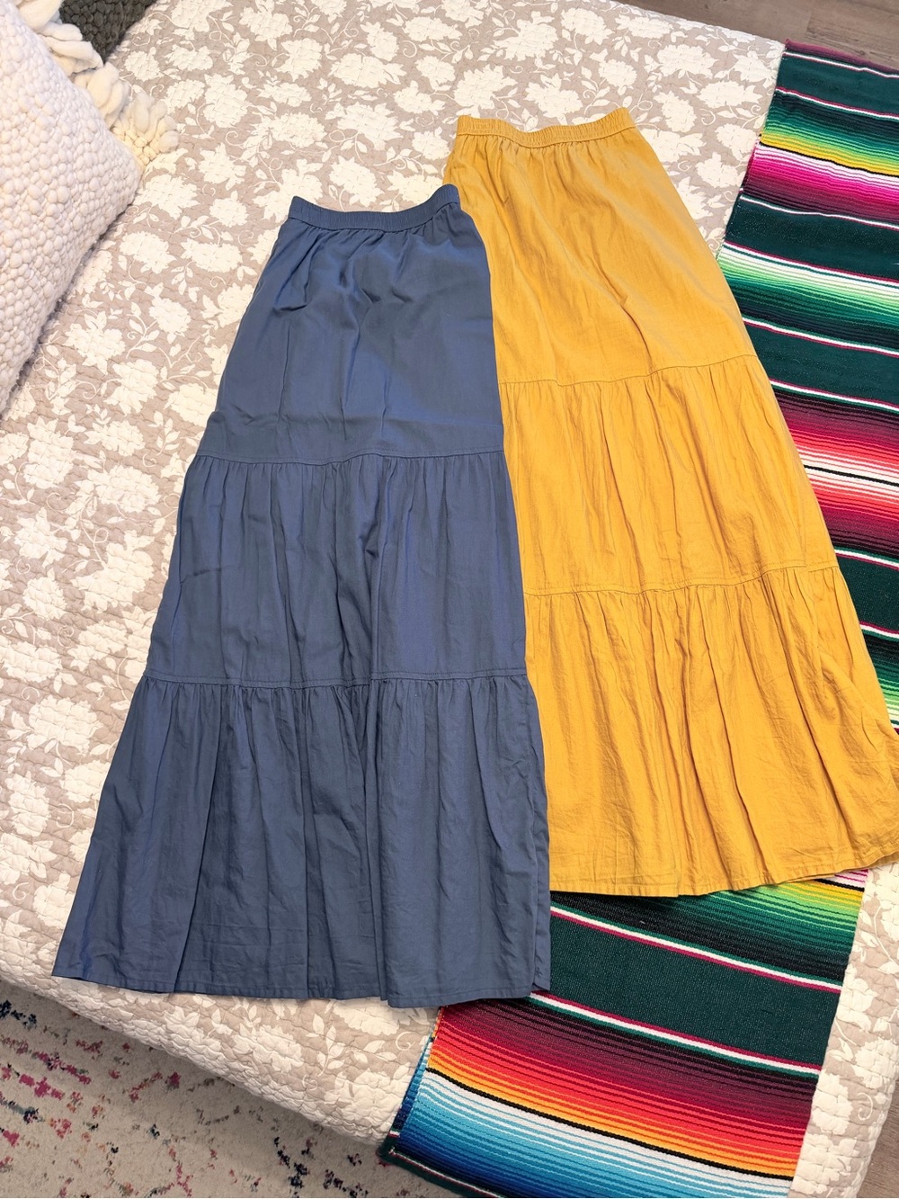 Pact Tiered Maxi Skirts in Mustard and Slate Blue